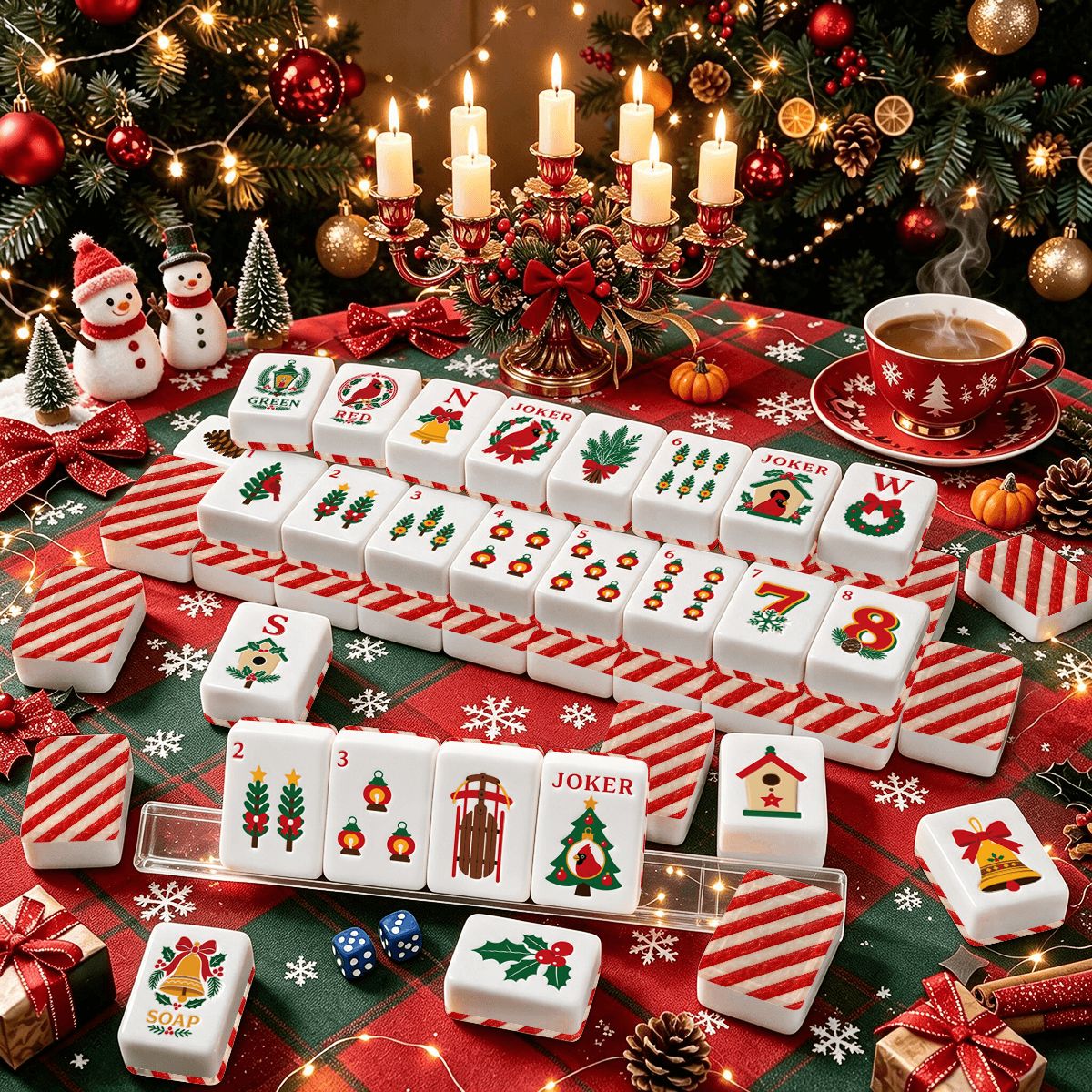 Candy Cane Christmas Cardinal American Mahjong Tiles