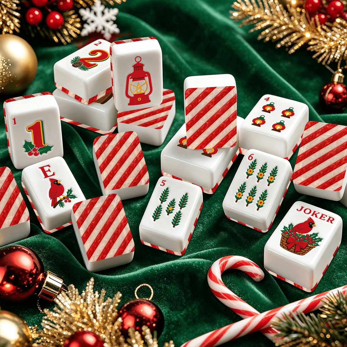 Candy Cane Christmas Cardinal American Mahjong Tiles