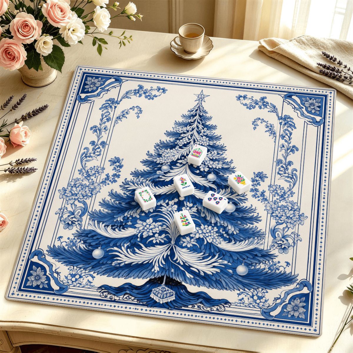 Blue & White Christmas Premium Mahjong Mat | Made in USA