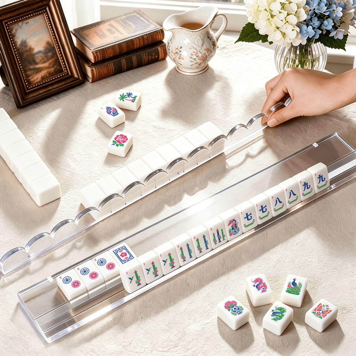 Extended Mahjong Rack Set of 4  Scalloped Magnetic Tile Pusher