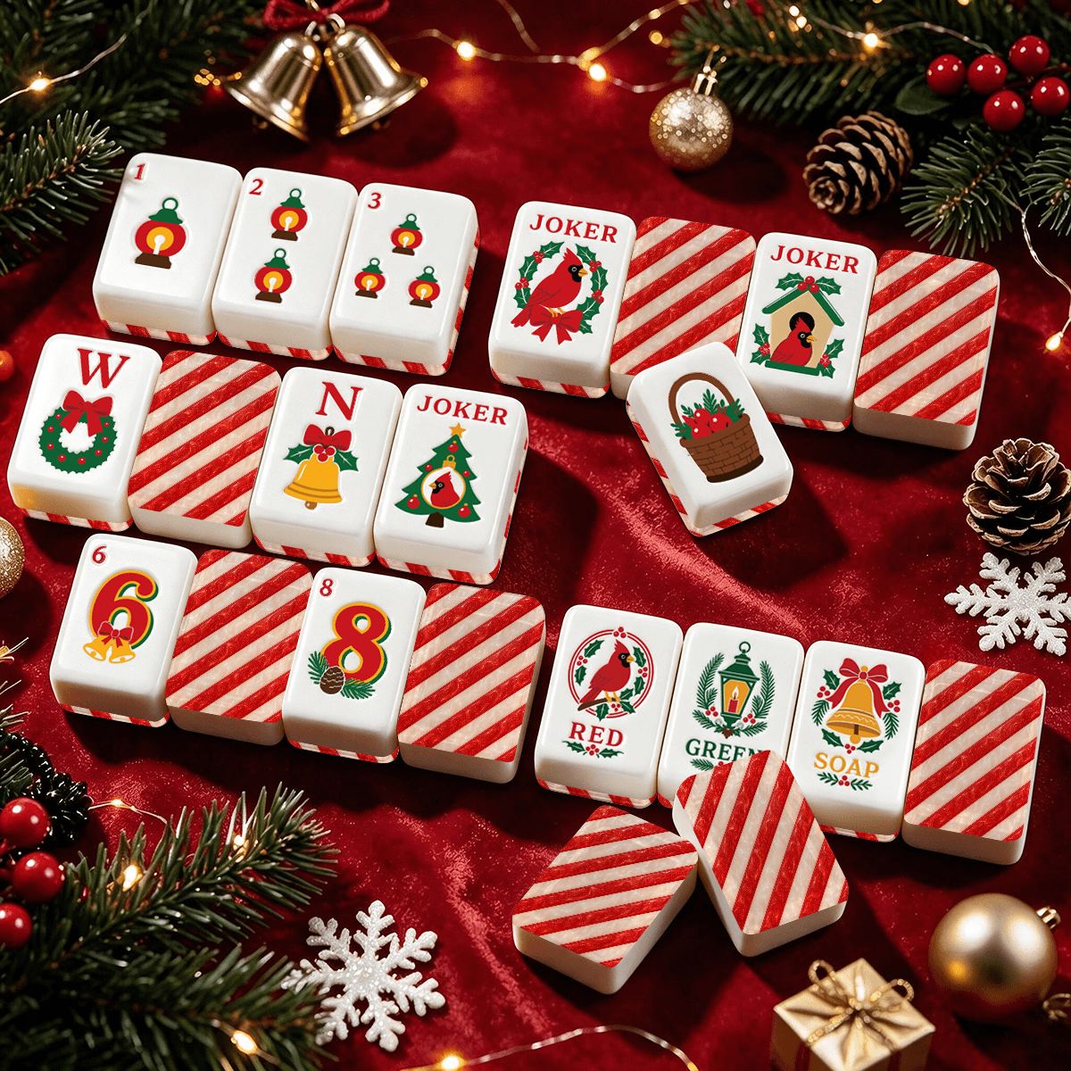 Candy Cane Christmas Cardinal American Mahjong Tiles